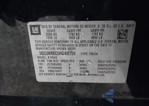 2017 Chevrolet Silverado 1500 2Lt z USA, uszkodzony, nr VIN 3GCUKREC5HG405720